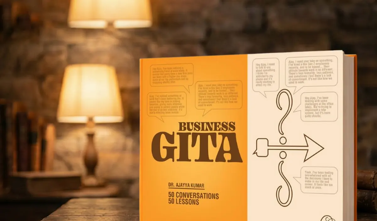 Business Gita against a stone wall lit by lamps